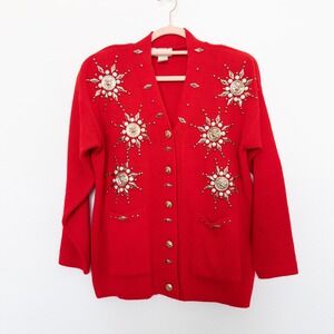 VTG Liebe Womens Cardigan‎ Sweater One Size Red Beaded Holiday Retro